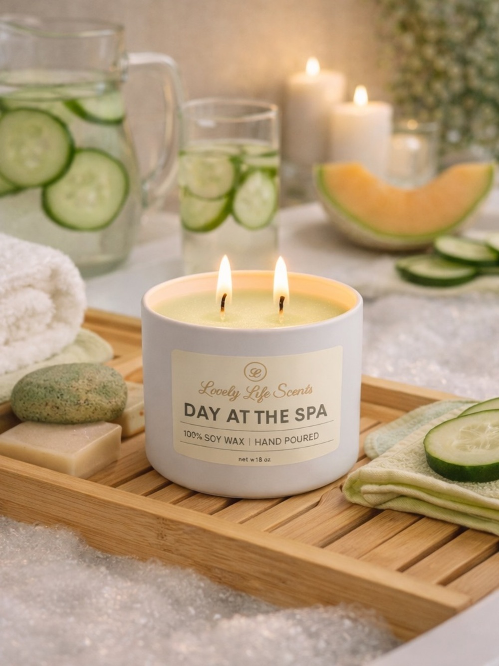 Day at the Spa Premium Soy Wax 6oz Double Wick Candle, Cucumber Water Scent - Picture 4 of 4